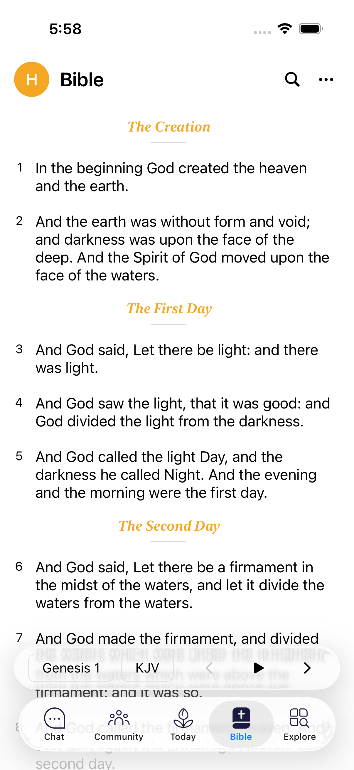 Bible reader showing Genesis chapter 1 in the King James Version