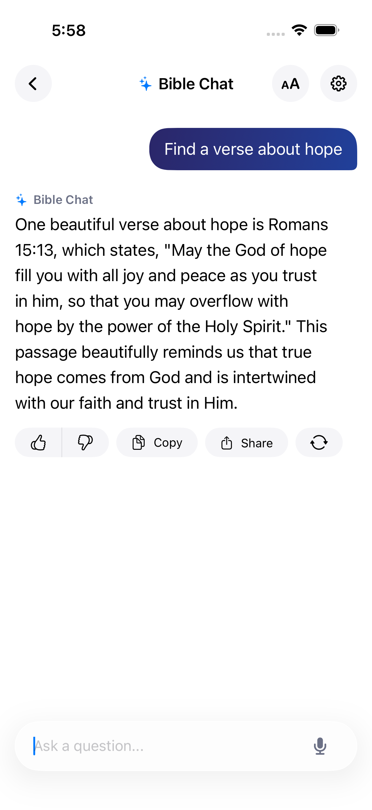 Bible Chat answering a question about hope with a Romans 15:13 Scripture reference