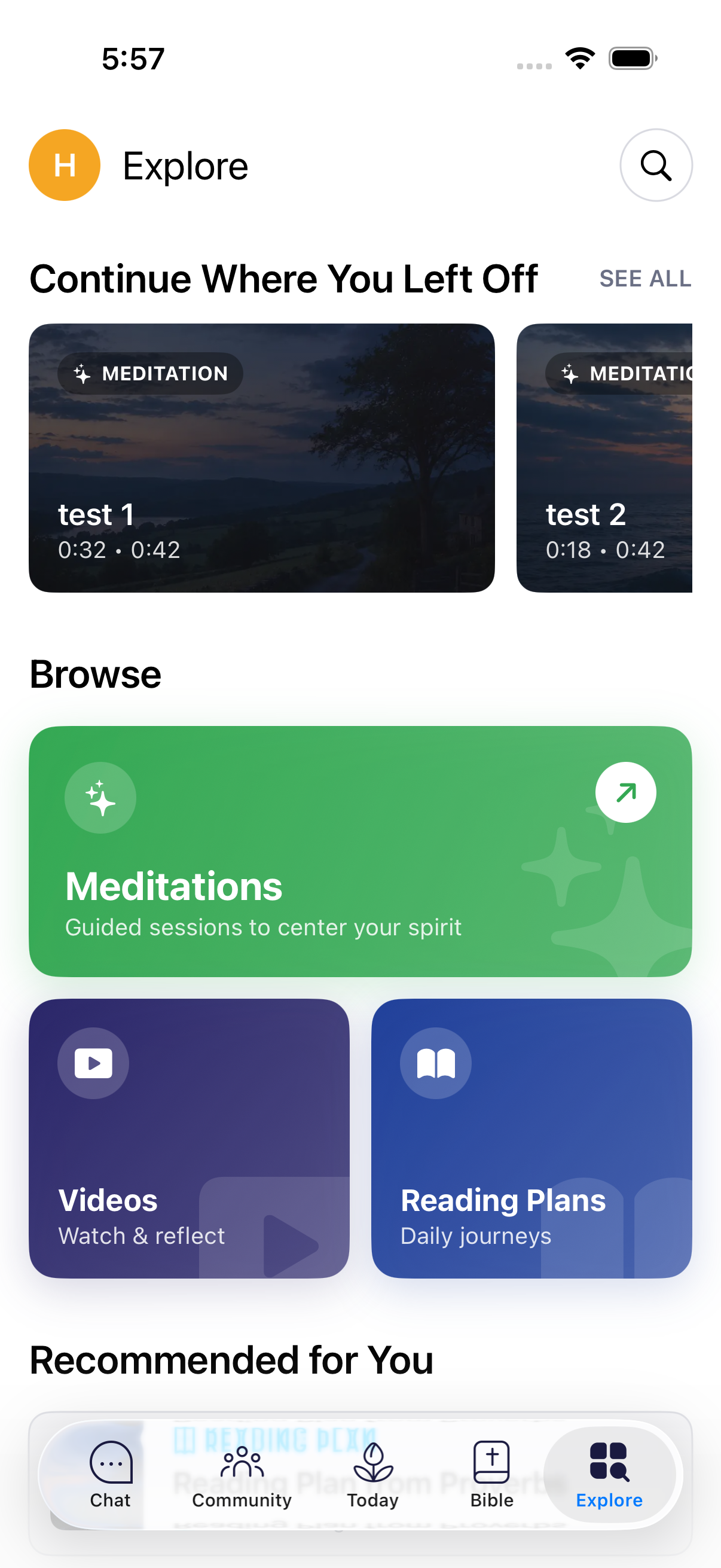 Explore tab with continue, browse categories and recommendations