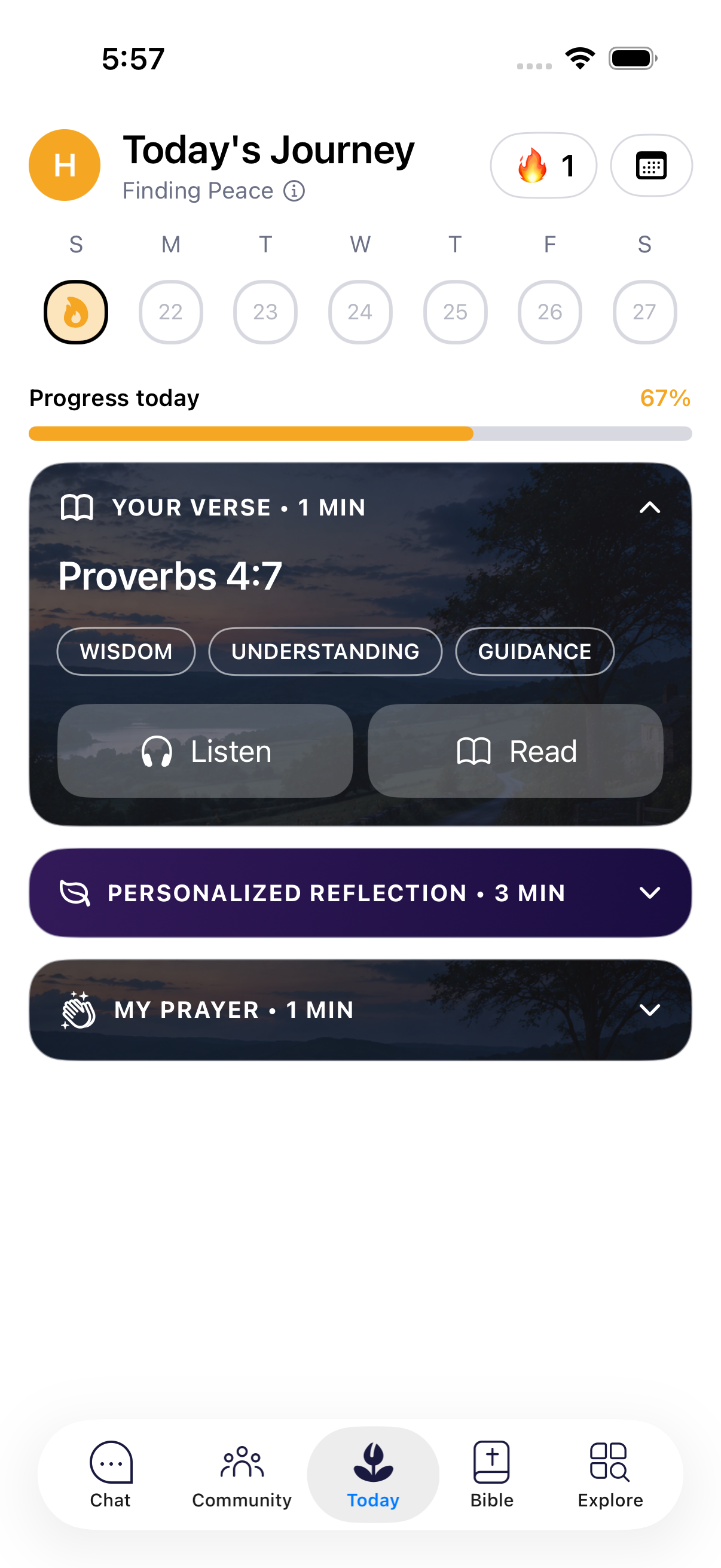 Today's Journey home screen with the daily verse and reading progress
